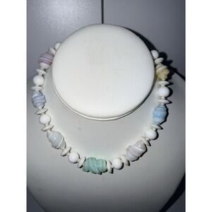 Tropical Hawaiian-style choker necklace white  puka shell beads and colorful 14"